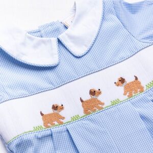 Stitchy Fish NWT Baby 6M Puppy Smocked Romper Blue Gingham Peter Pan Collar
